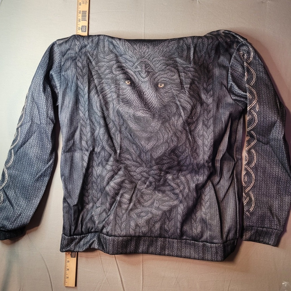 Wolf Graphic Hoodie Mens 2XL Gray Black Faux Knit Celtic Sleeve Print Pullover - Picture 2 of 5